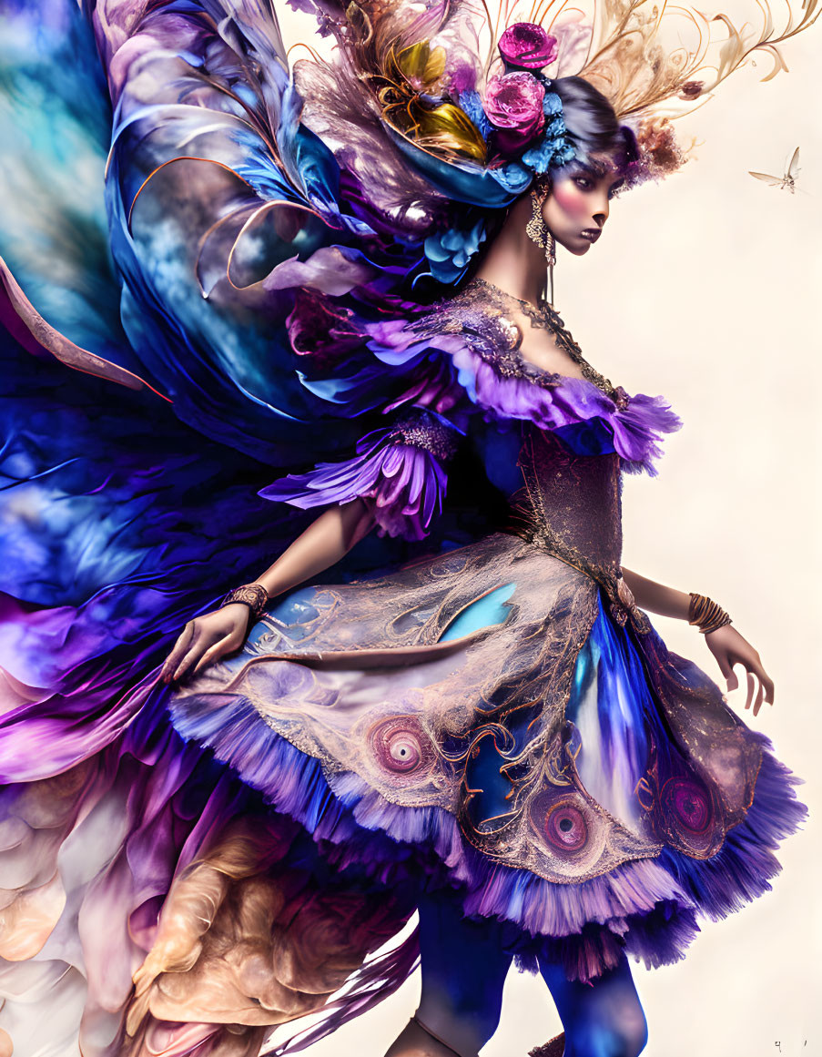 Detailed illustration of woman in feathered gown with purples, blues, florals, and pe