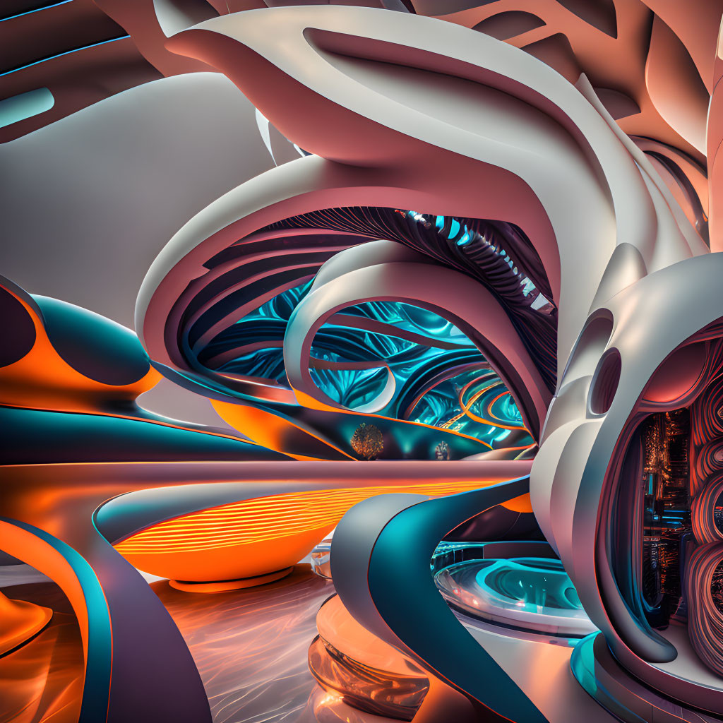 Abstract digital artwork: Fluid shapes in orange, blue, and white palette