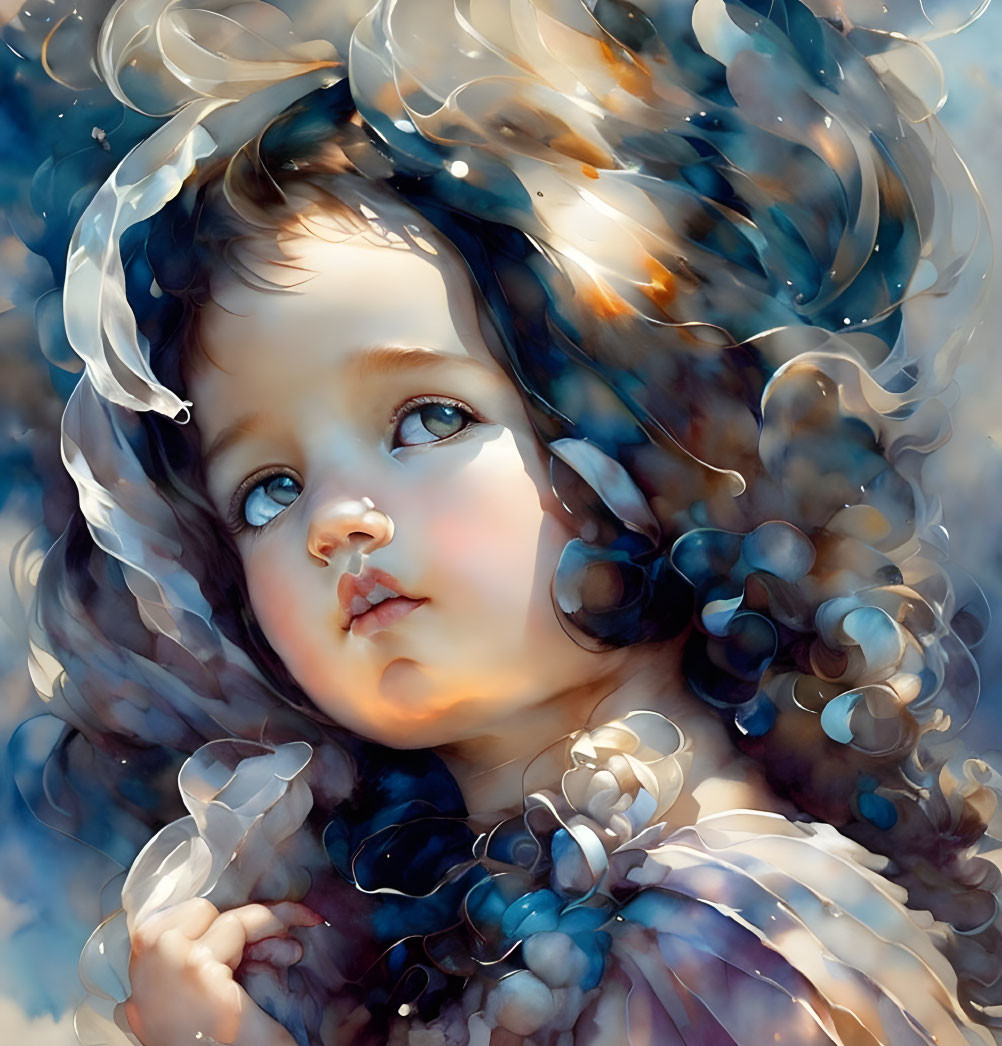 Young child with expressive eyes in blue feather swirls