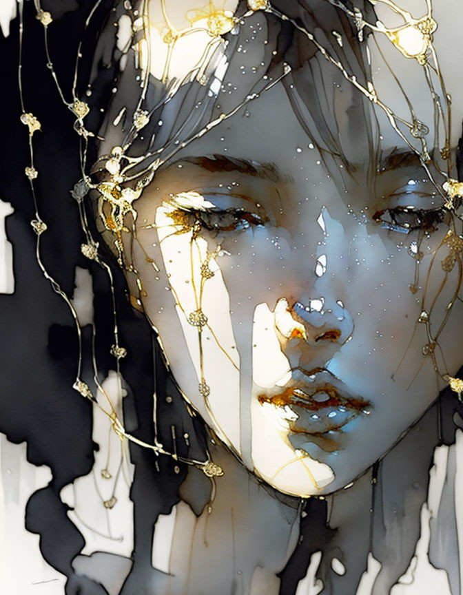 Stylized digital painting of woman's face with black, white, and gold elements