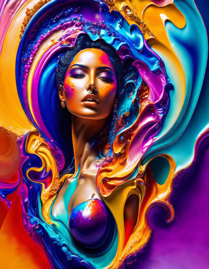 Colorful digital artwork: Woman's face blending with swirling bright colors