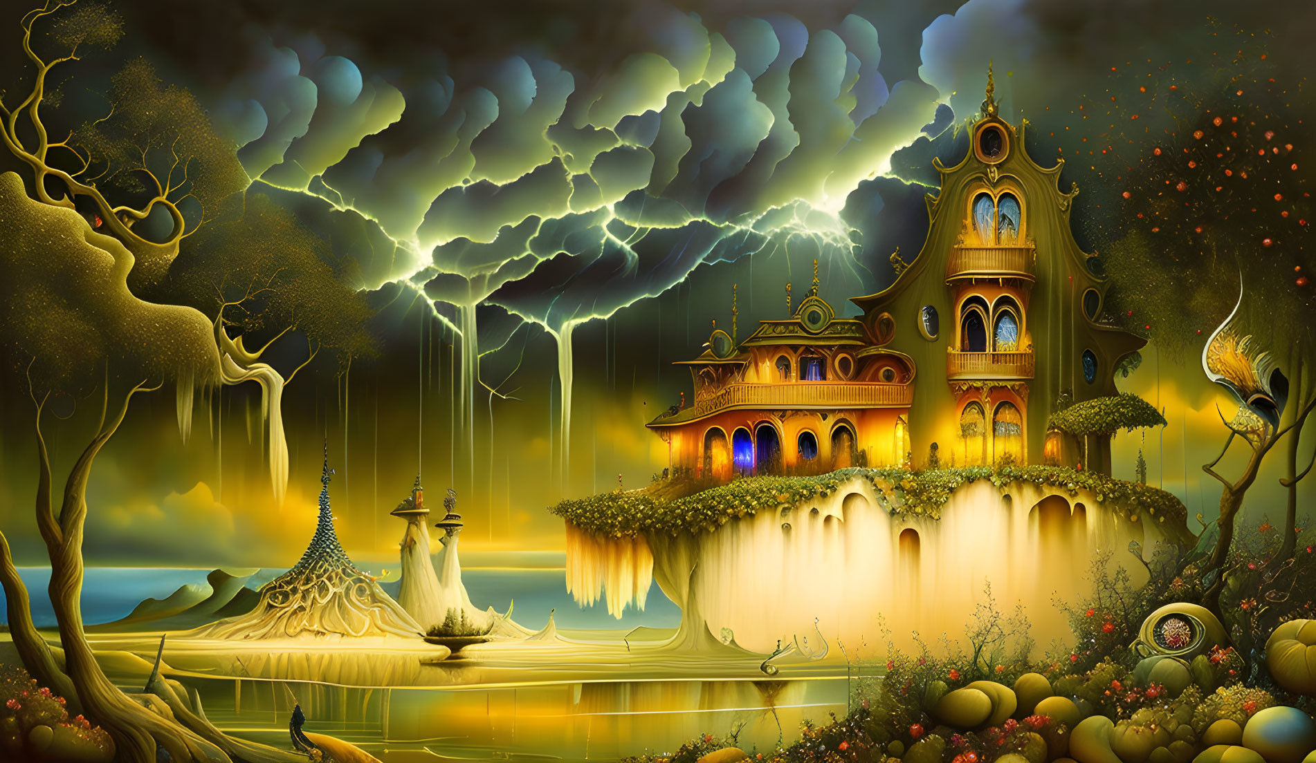 Fantasy landscape with ornate castle, stormy skies, ethereal trees, mystical lighting, and