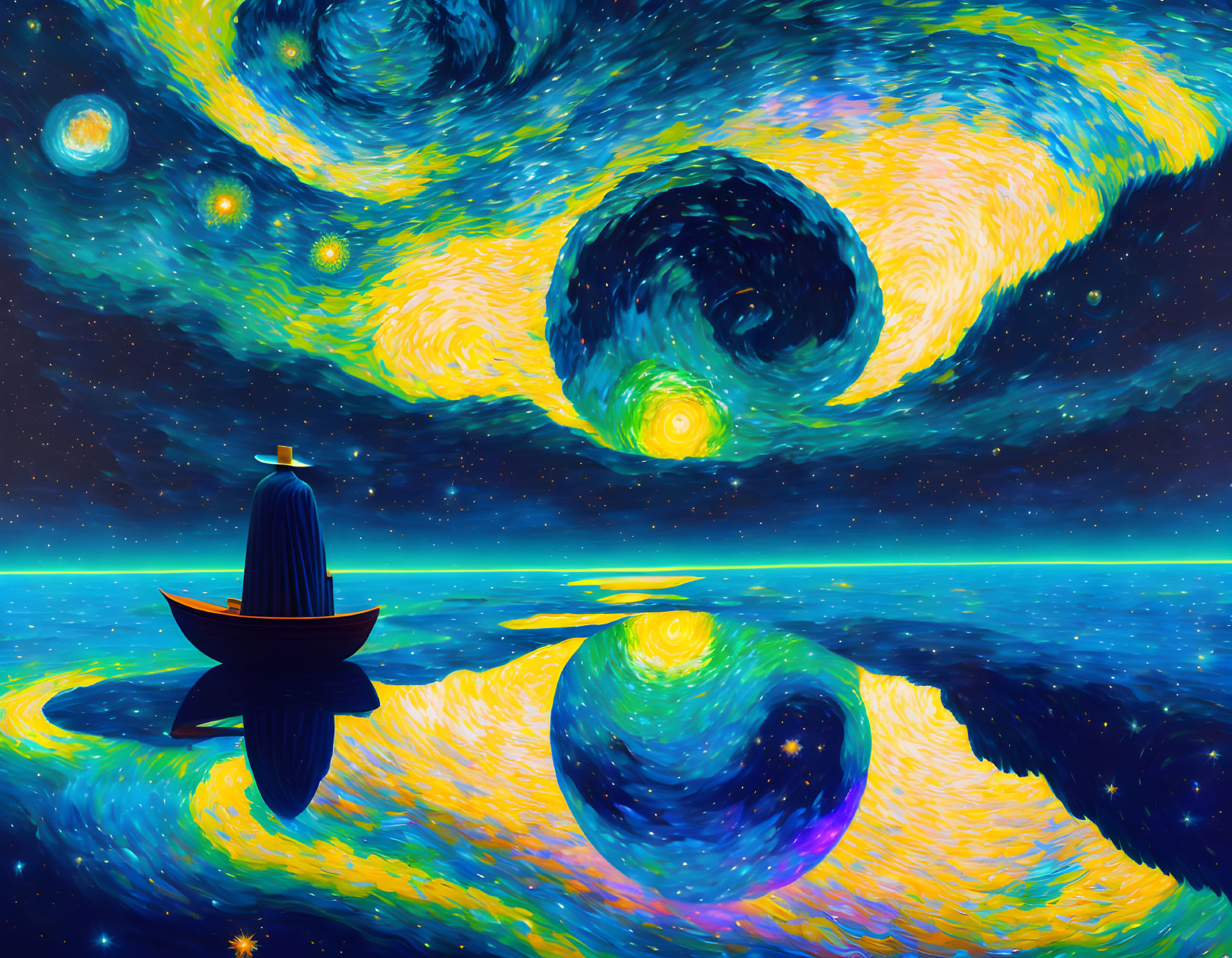 Starry Night Sky with Galaxies and Boat Reflections