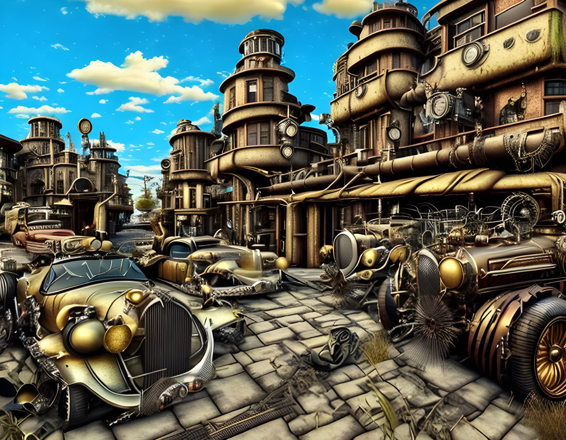 Steampunk cityscape with ornate buildings, interconnected pipes, gears, and retro-futuristic