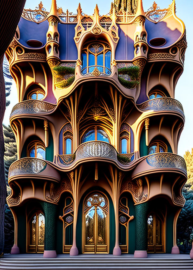 Ornate, Gothic-inspired fantasy building with tree-like design and vibrant colors