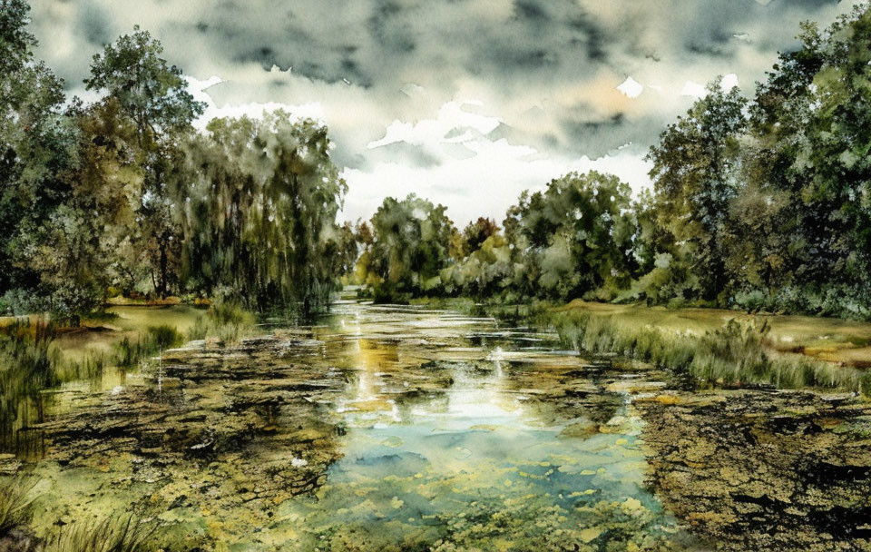 Tranquil forest landscape with reflective pond and lush greenery