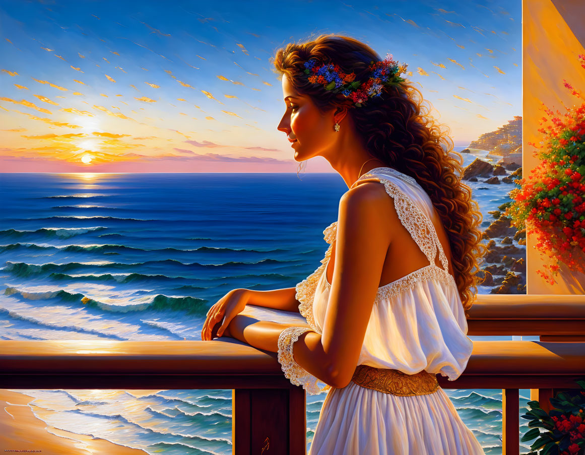 Woman in white dress with flower wreath gazes at sunset over serene ocean from balcony.