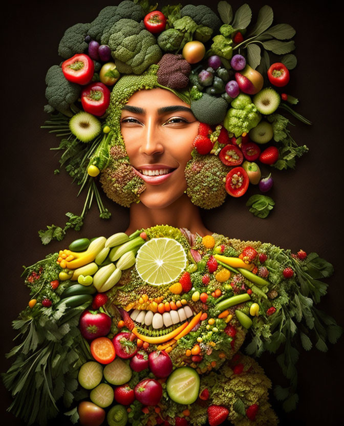 Colorful portrait featuring fruits and vegetables as head and body adornments