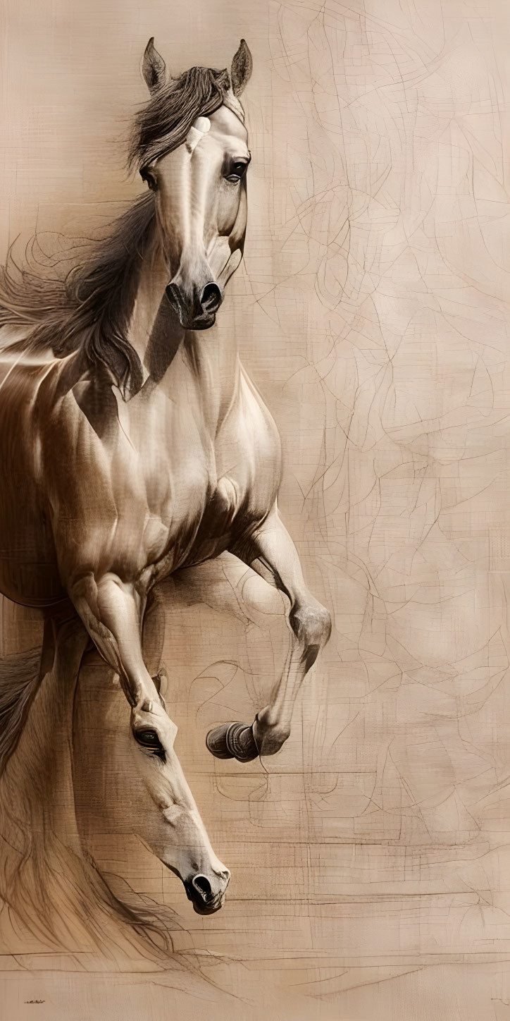 Detailed Sketch of Majestic Horse in Motion on Textured Beige Background