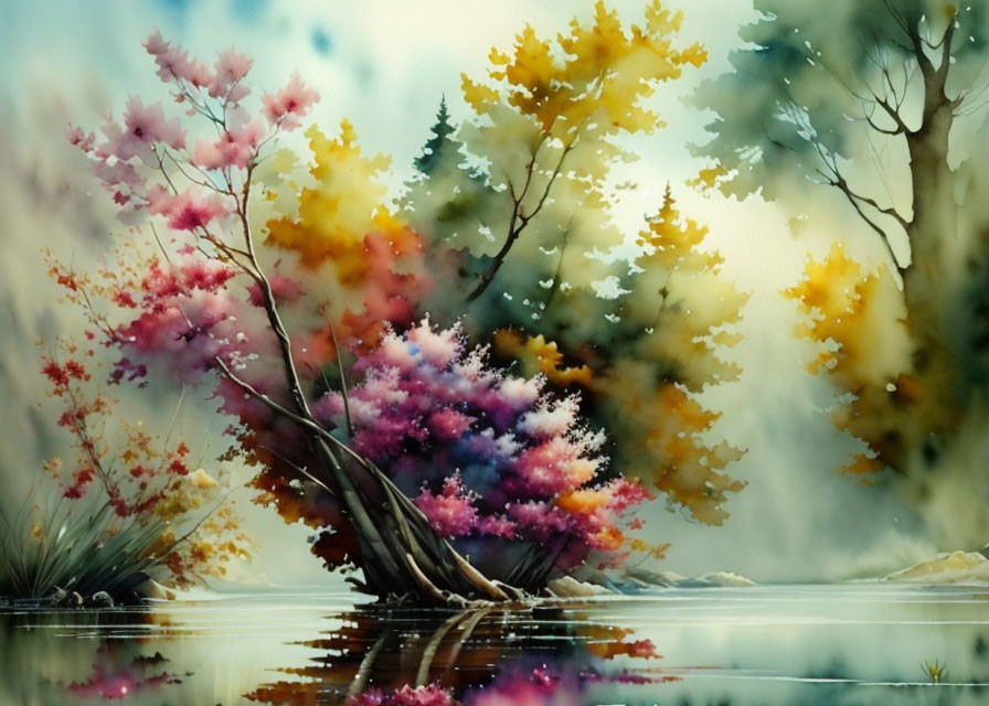 Colorful Trees Reflecting on Calm Water in Serene Painting