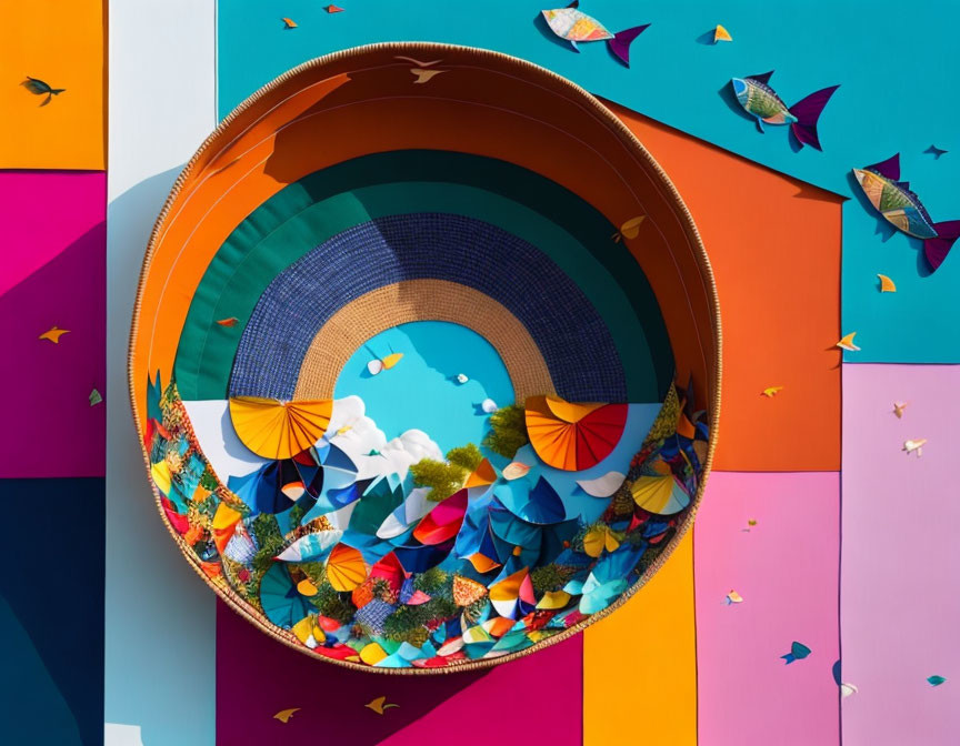 Colorful Circular Artwork: Multicolored Tunnel, Layered Landscape, Butterflies, Fish in