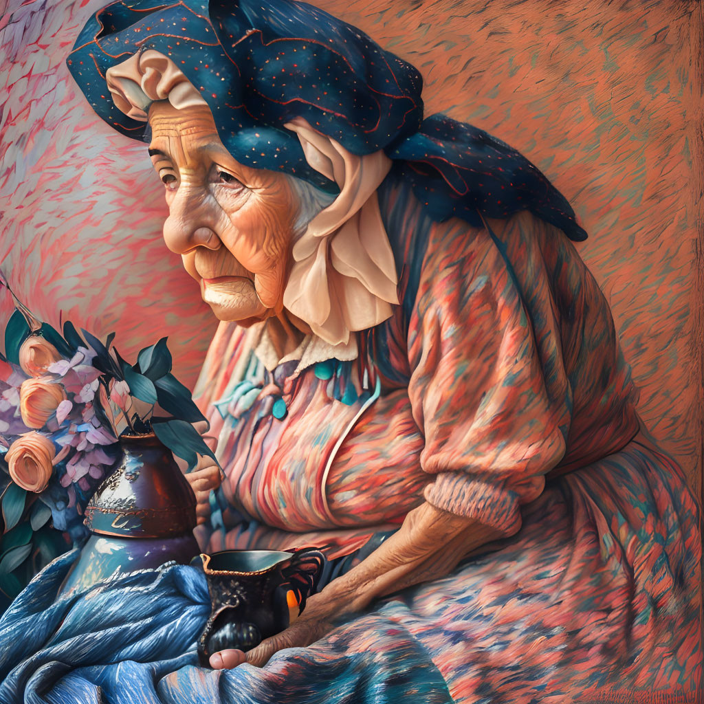 Elderly woman with deep wrinkles and blue headscarf holding yarn and vase.