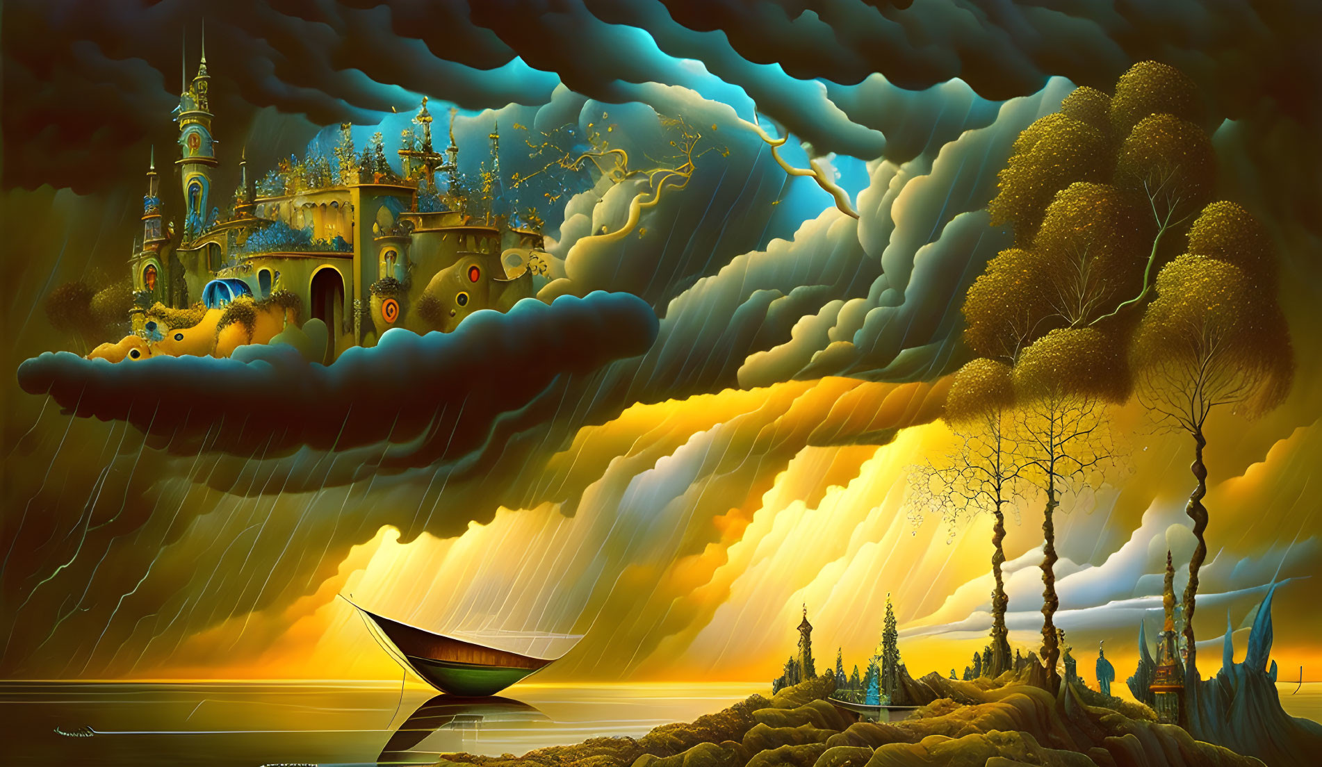 Fantastical landscape with floating castle, stormy skies, lush trees, and solitary boat