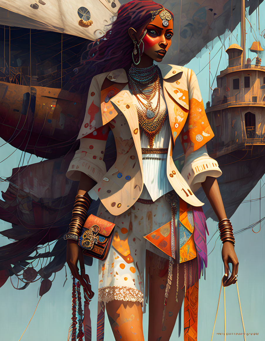 Illustrated woman with purple hair and face paint in bohemian attire by ship and clear sky.