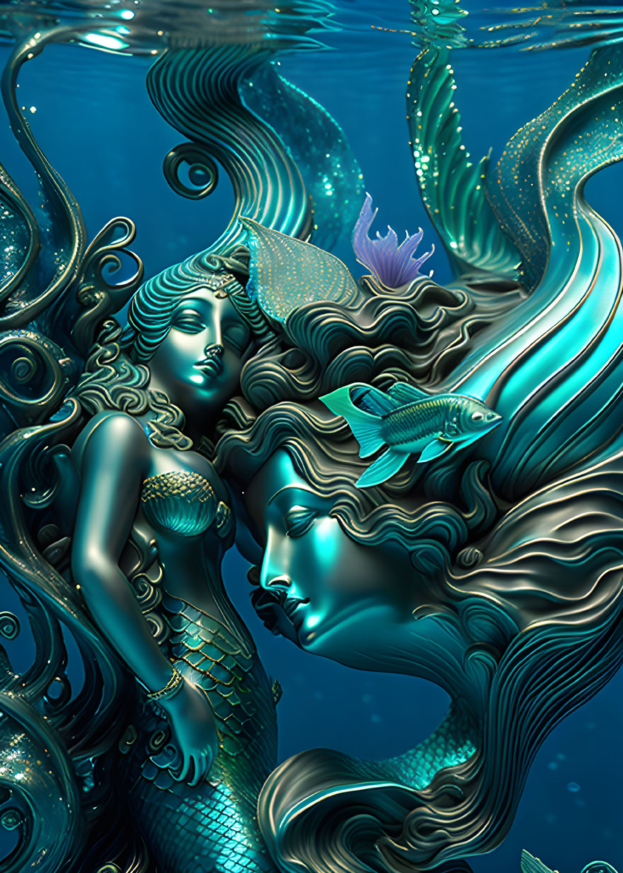 Ethereal mermaids with ornate tails in vibrant underwater scene