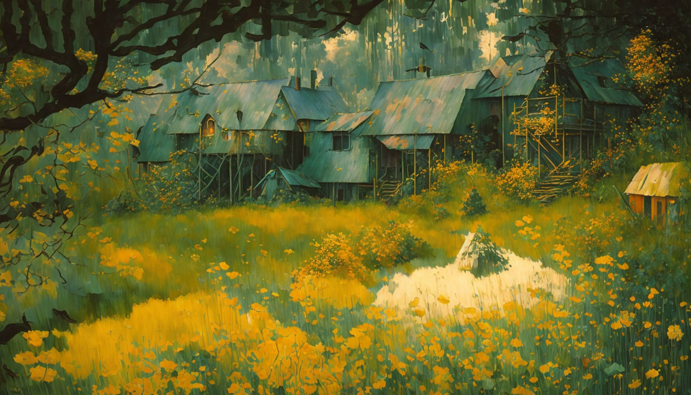 Rural landscape: moss-covered house, trees, yellow flowers