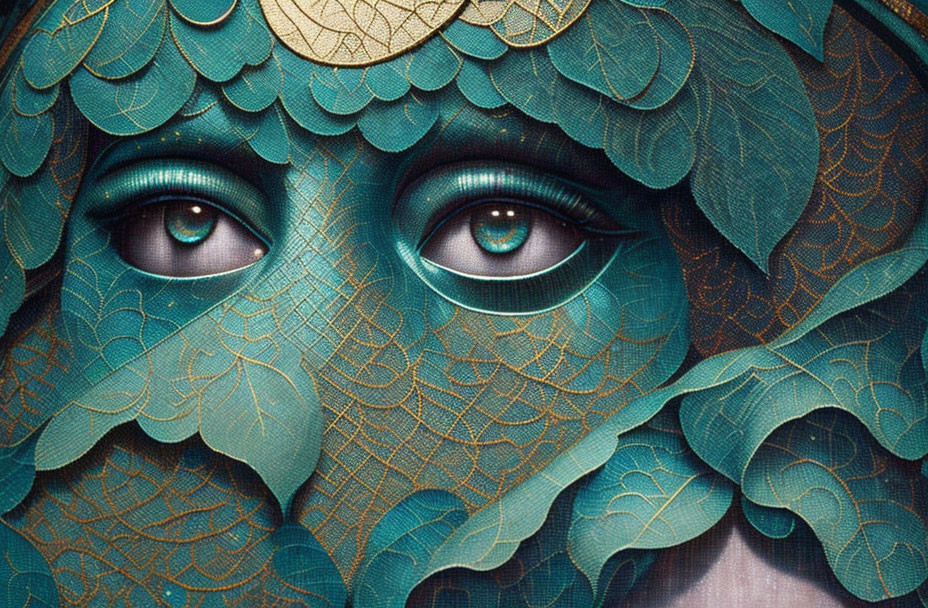 Vibrant close-up portrait featuring colorful face with mesmerizing eyes and intricate green and golden patterns.