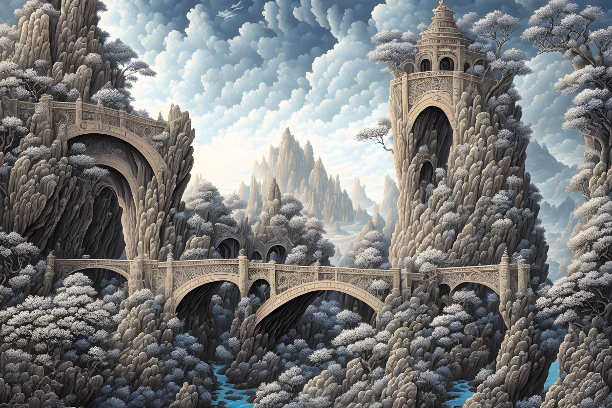 Detailed Stone Bridges Connecting Ornate Towers in Fantasy Landscape