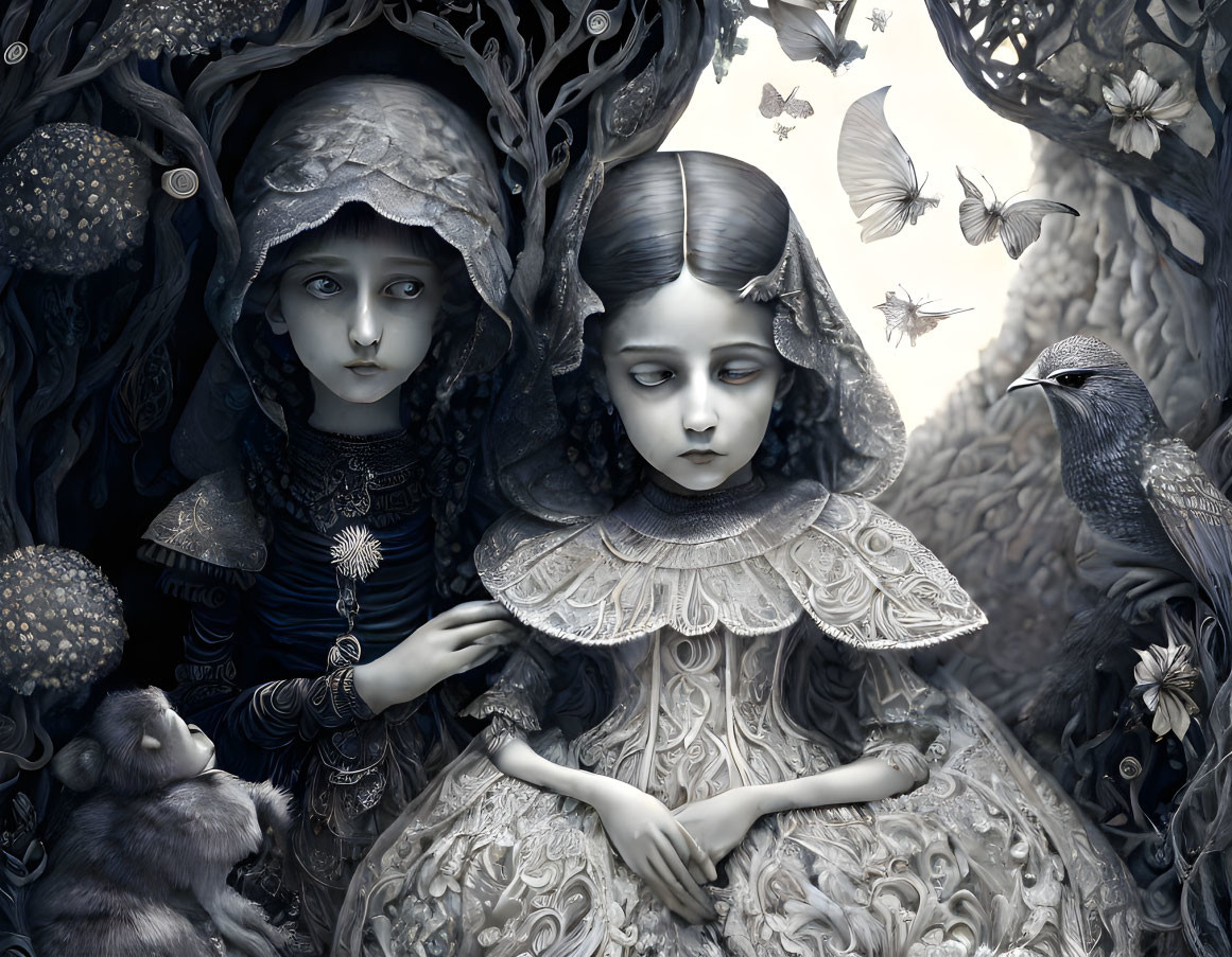 Monochrome artwork of two girls with crow and monkey in intricate nature scene