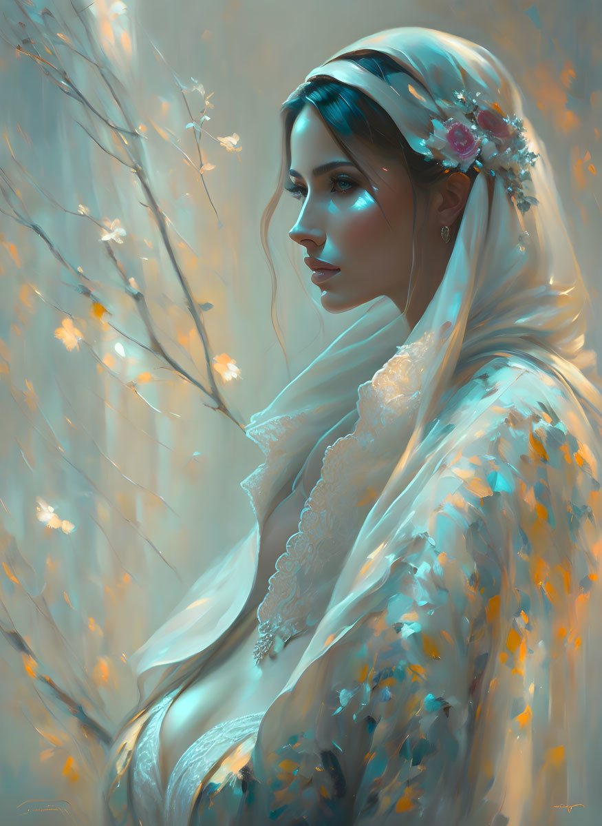 Woman with flower-decorated headscarf in ethereal forest setting