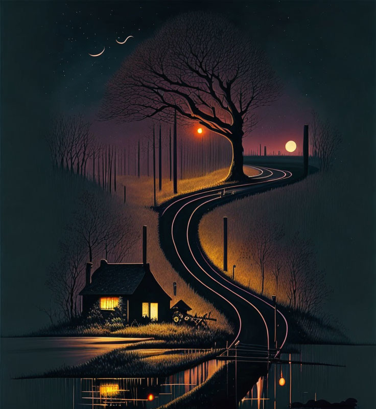 Serene night scene: winding road, cozy house, starry sky, crescent and full moon