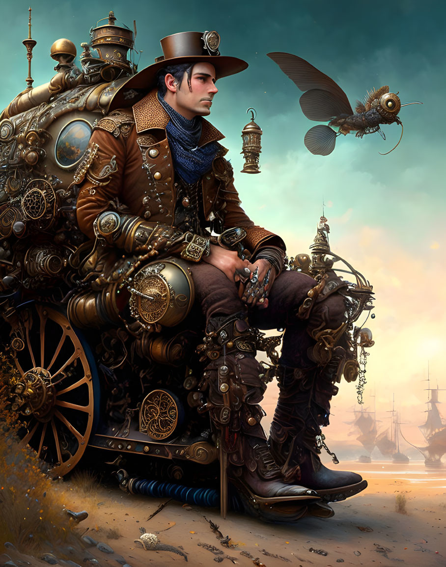 Steampunk-themed illustration of man in Victorian attire with brass goggles on mechanical vehicle and flying robotic insect