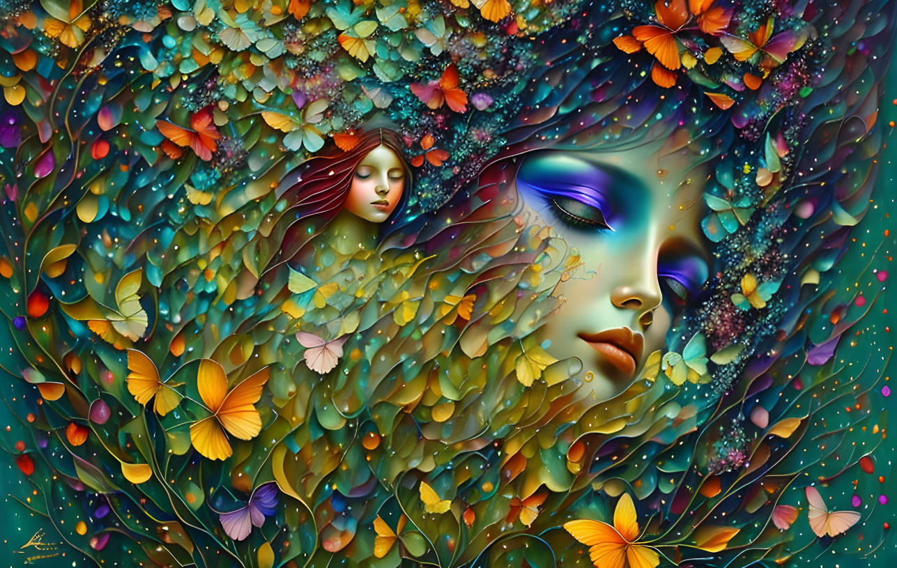 Woman's face blended with nature, butterflies, leaves, and flowing hair.