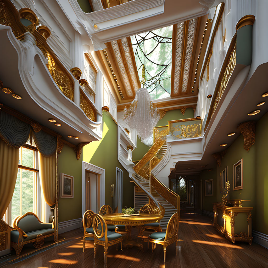 Opulent interior with golden staircase, high ceilings, elegant furnishings