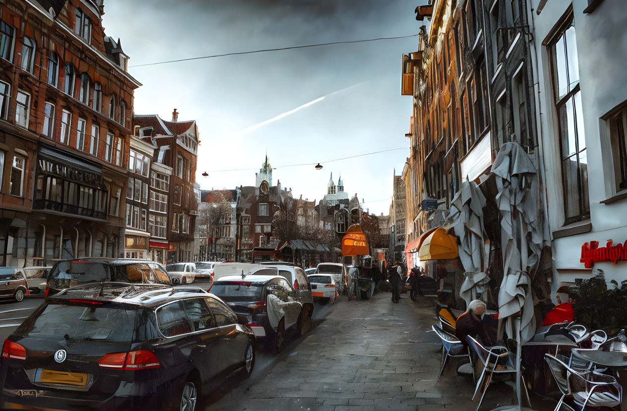 City Street with Old-world Buildings, Parked Cars, and Outdoor Cafe Scene