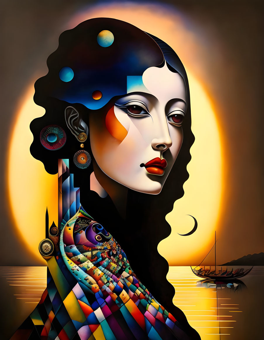 Colorful surreal portrait of a woman with abstract elements and scenic seascape sunset.