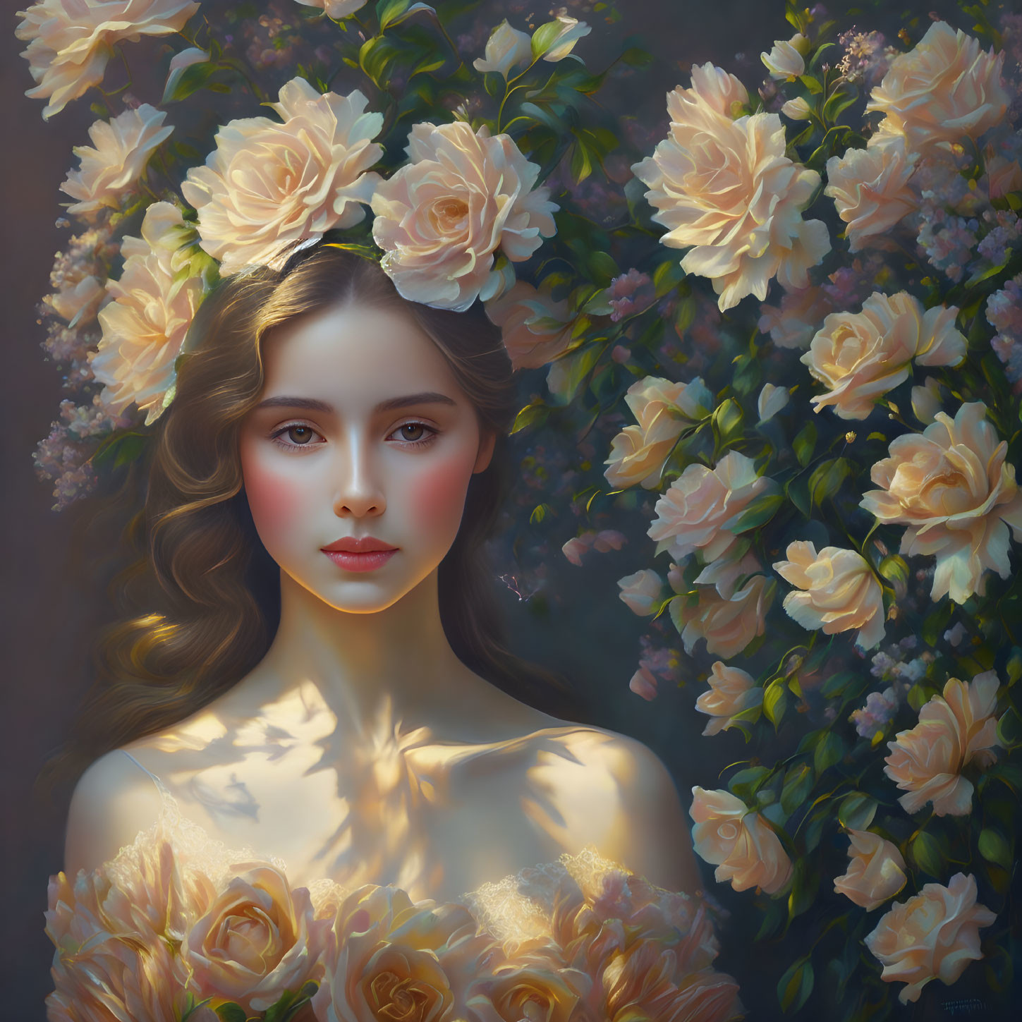 Serene woman amidst blooming roses and lush greenery