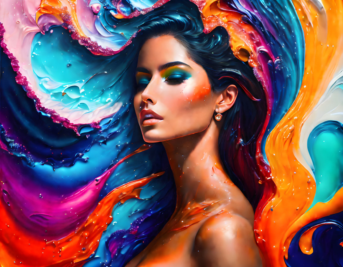 Colorful digital artwork: Woman with swirling paint hair and surroundings