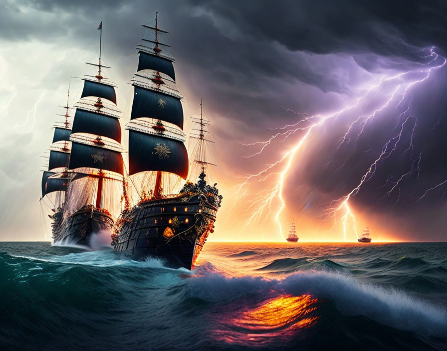 Majestic sailing ship in stormy seas with illuminated windows