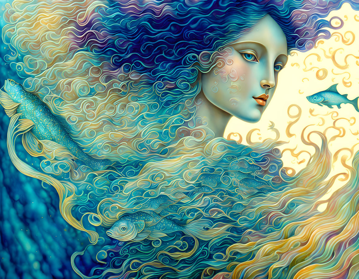 Illustration of woman with flowing hair and fish in vibrant sea.