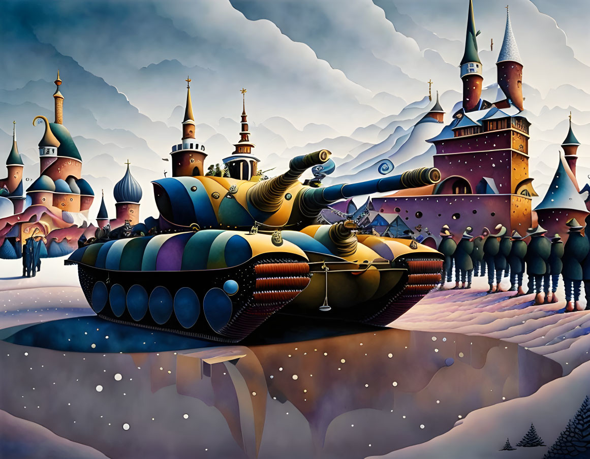 Fantastical castle painting with tank and soldiers