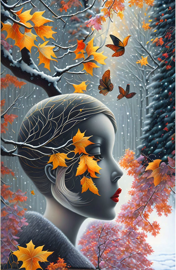 Illustration of woman with leaf hair in autumn and snow scene