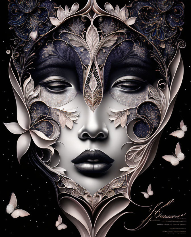 Intricate Artistic Portrait with Floral, Metallic, and Celestial Motifs