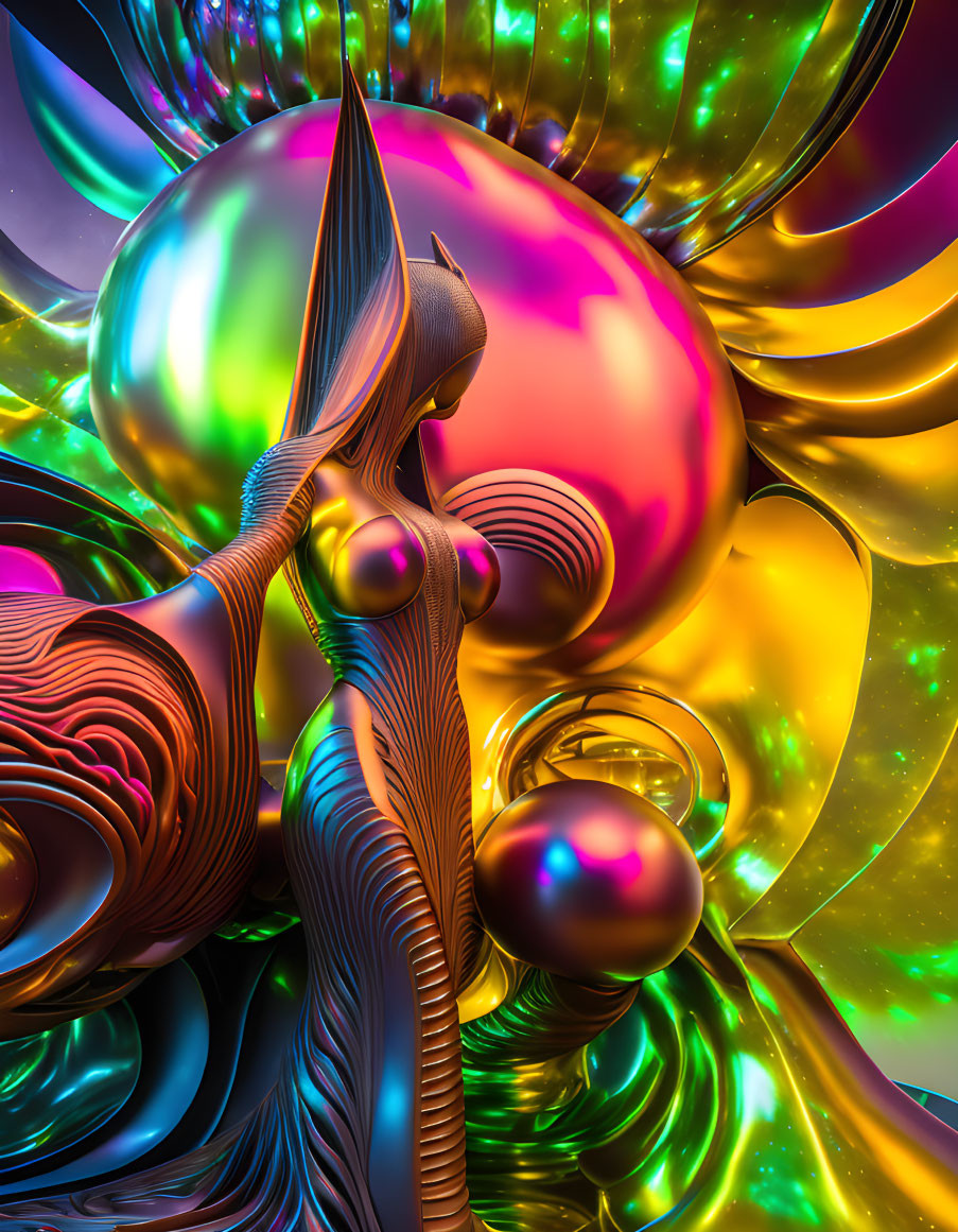 Colorful abstract art with metallic form and swirling orbs.