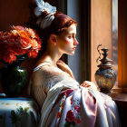 Historical woman in dress looking out window with flowers and urn