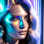 Woman with Neon-Lit Makeup, Curly Hair, and Metallic Hat