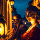 Vintage attire couple by glowing lantern at night