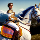 Female warrior in golden armor on white horse against mountain backdrop