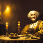 Elderly woman smiling at table with tea set and candles