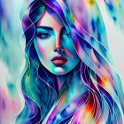 Colorful digital portrait of a woman with flowing hair on cosmic background