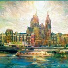 Colorful Impressionist Cityscape with Church and Boats by River