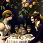 Stylized portrait of two people in historical costumes at elegant table