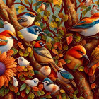 Colorful Birds Perched on Branches Among Flowers and Berries