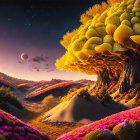 Surreal landscape with yellow spherical trees, purple desert sand, pink sky