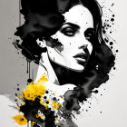 Black and yellow abstract splatter elements in monochrome portrait.