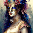 Colorful digital art of woman with gold and blue face paint & celestial motifs